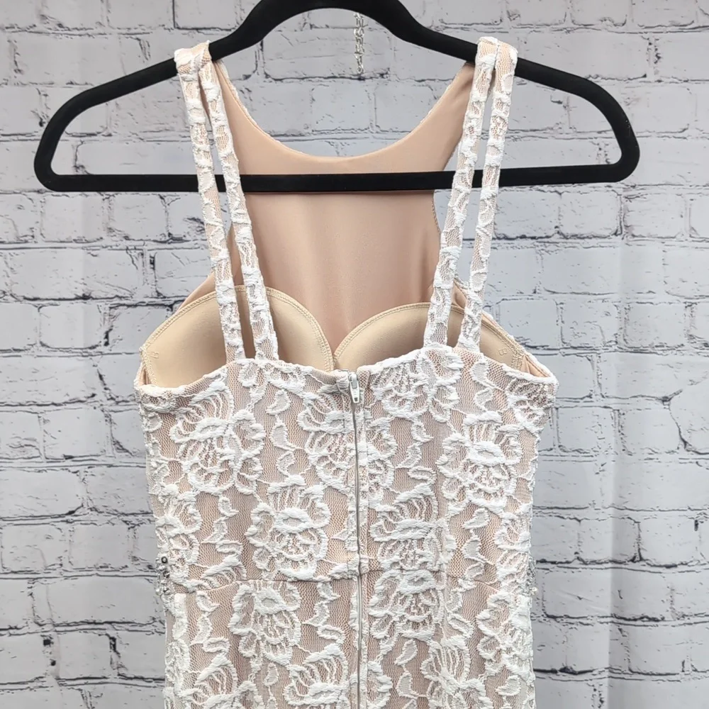 Long Lace Dress with Cutaway Bodice and Slit Skirt - Picture 5 of 14